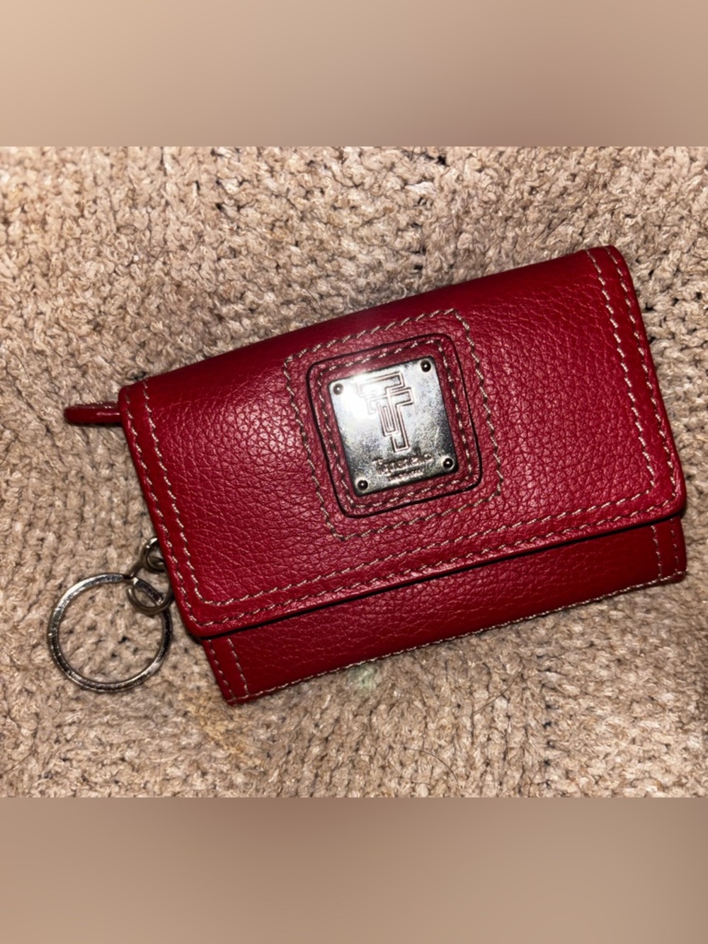 Tignanello Red Genuine Leather Keychain Wallet Card Case Key Ring Pebbled